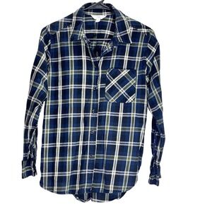Navy Plaid Long‎ Sleeve Button Up Flannel Shirt Blue Green White Size S